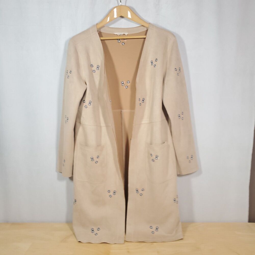 Solitaire Duster Jacket Sz L Embroidered Floral Faux Suede Anthropologie Boho